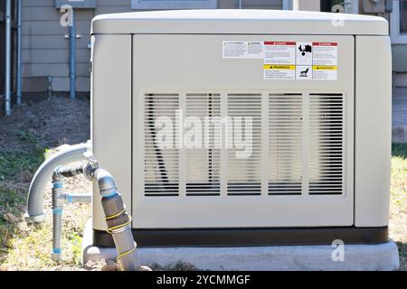 Gruppo elettrogeno domestico di standby in cortile residenziale, alimentazione elettrica di riserva di emergenza generazione di elettricità. Foto Stock