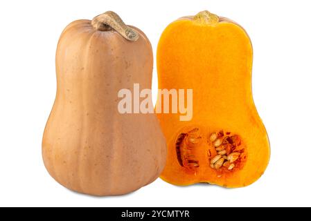 Zucca di Butternut tagliata a metà con vista polpa gialla e semi. Zucca isolata su bianco con percorso di ritaglio incluso Foto Stock