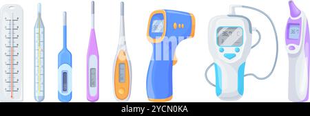 Termometri cartoon. Termometro digitale clinico elettronico e al mercurio, medico o interno esterno misura la temperatura, controllo medico della salute illustrazione vettoriale nitida grafica originale Illustrazione Vettoriale