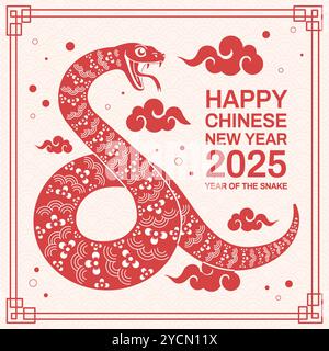 Banner serpente per l'anno nuovo. Serpenti cinese felice anno nuovo 2025 biglietto d'auguri, calendario lunare zodiaco oroscopo fortunato simbolo di prosperità evento festival cina, illustrazione vettoriale originale Illustrazione Vettoriale