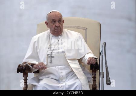 Città del Vaticano, Vaticano, 23 ottobre 2024. Papa Francesco durante la sua udienza generale settimanale in Piazza San Pietro in Vaticano. Maria Grazia Picciarella/Alamy Live News Foto Stock