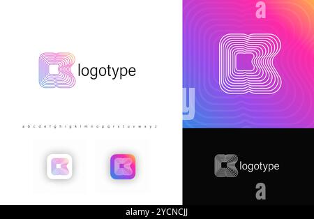Fusione di linee in lettera K, logo a strisce geometriche arrotondate per identità tecnologica, branding, poster creativi. Logotipo vettoriale. Illustrazione Vettoriale