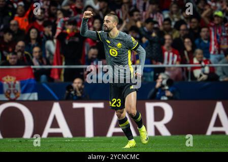 Madrid, Espagne. 23 ottobre 2024. Edon ZHEGROVA di Lille celebra il suo gol durante la partita di UEFA Champions League, fase MD3 tra l'Atletico de Madrid e Losc Lille il 23 ottobre 2024 allo stadio Riyadh Air Metropolitano di Madrid, Spagna - foto Matthieu Mirville/DPPI credito: DPPI Media/Alamy Live News Foto Stock