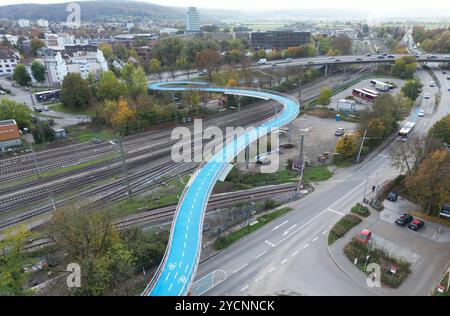 23 ottobre 2024, Baden-Württemberg, Tübingen: Il ponte ciclabile ovest a Tübingen, fotografato con un drone. Il nuovo ponte è largo circa quattro metri, lungo circa 365 metri, comprese le rampe e alto dieci metri nel suo punto più alto. La carreggiata viene riscaldata in inverno in modo da non dover spalmare sale. Foto: Bernd Weißbrod/dpa Foto Stock