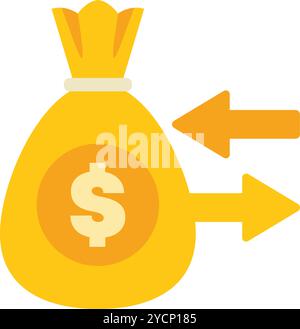 Borsa con due frecce che puntano in direzioni opposte che illustrano il concetto di cambio, pagamento o trasferimento di denaro Illustrazione Vettoriale