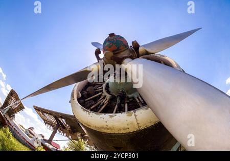 Motore ed elica di aeromobili d'epoca contro il cielo blu Foto Stock