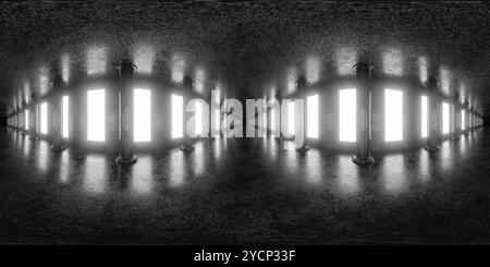 Panorama a 360 gradi degli interni futuristici monocromatici con luci luminose Foto Stock