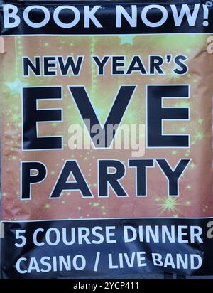 Poster di carta colorata che pubblicizza la cena della vigilia di Capodanno e intrattenimento. Foto Stock