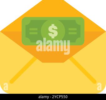 Busta gialla contenente una banconota da un dollaro, che trasmette concetti come pagamento, rimessa e trasferimento di denaro online Illustrazione Vettoriale