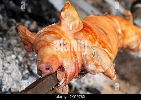 Piccola torrefazione di maiale allo spiedo fire Foto Stock