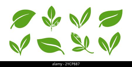 Set di icone delle lamelle verdi. Lascia il simbolo del segno. Elementi di design per prodotti biologici naturali, ecologici, vegani, etichette biologiche Illustrazione Vettoriale