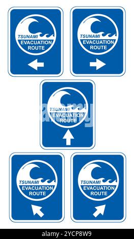 Segnali di avvertimento tsunami che mostrano le direzioni del percorso di evacuazione Foto Stock