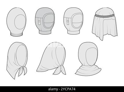 Set di cappelli e sciarpe completi per la testa e il viso - velo, Balaclava Keffiyeh Snood Hijab. Illustrazione tecnica dell'abbigliamento per cappellino accessorio Head Fashion. Schizzo di mockup del modello piatto della bretella di fissaggio vettoriale isolato Illustrazione Vettoriale