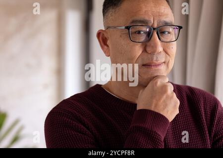 Un uomo anziano asiatico che indossa gli occhiali a casa, contemplando dalla finestra Foto Stock