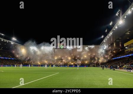 Berna, Svizzera. 23 ottobre 2024. Berna, Svizzera, 23 ottobre 2024: Tifosi del BSC Young Boys prima della partita di calcio della UEFA Champions League tra BSC Young Boys e FC Internazionale allo Stadion Wankdorf di Berna, Svizzera. Philipp Kresnik (Philipp Kresnik/Kresnikphotographie/SPP) credito: SPP Sport Press Photo. /Alamy Live News Foto Stock