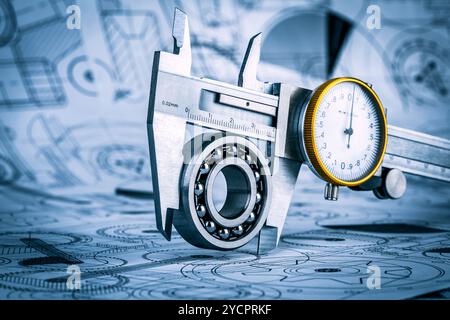 Metallo del calibro a corsoio e cuscinetti a sfera sul disegno tecnico un tonificante blu Foto Stock