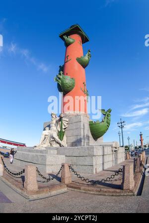 Spiedo dell'isola Vasilyevsky, vista sulle colonne rostrali di San Pietroburgo, Russia Foto Stock