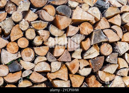 Tritato e impilate a secco di legna da ardere come sfondo Foto Stock