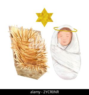 Gesù bambino avvolto, mangiatoia e stella dorata di David, illustrazione ad acquerello isolata sul bianco. Dipinto a mano, perfetto per carte, adesivi, baby shower Foto Stock