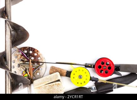 Telaio da canne da pesca ghiacciate, attrezzi e attrezzature Foto Stock