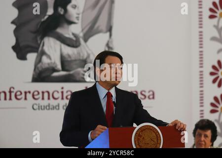 Non esclusivo: Mario Delgado , Segretario della pubblica istruzione (SEP), interviene durante la conferenza stampa del presidente messicano Claudia Sheinbaum Pardo Foto Stock