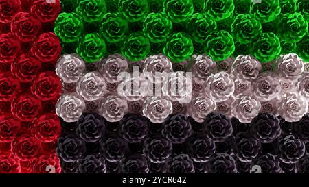 Tema bandiera degli Emirati Arabi Uniti con rose rosse, verdi, bianche e nere 8K.. Bandiera degli Emirati Arabi Uniti con rose. Foto Stock