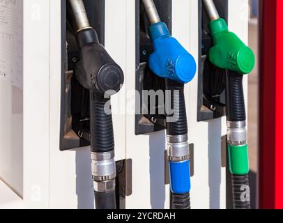 Pompa a gas ugelli con diversi combustibili presso la stazione di gas Foto Stock