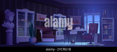 Intimo ufficio interno notturno cartoni animati con morbido divano e sedia, scrivania in legno con telefono vintage, scaffali pieni di libri, scultura del busto e pianta in vaso, grandi finestre rivelano il cielo notturno. Illustrazione Vettoriale