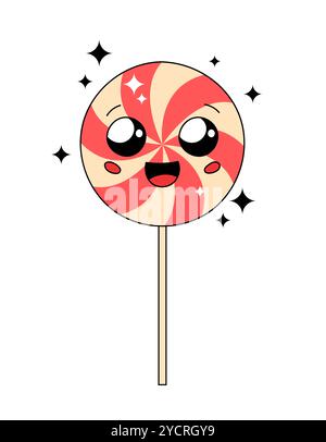 Graziosa illustrazione vettoriale del lecca lecca natalizio. Semplici caramelle natalizie con un viso allegro e un sorriso. Adorabile doodle Natale dolce carattere in Groovy e. Illustrazione Vettoriale