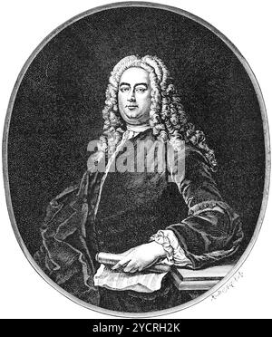 George Frideric Handel (1685-1759) con cittadinanza inglese George Frideric Handel, ritratto, importante compositore barocco, opera e oratori su Foto Stock