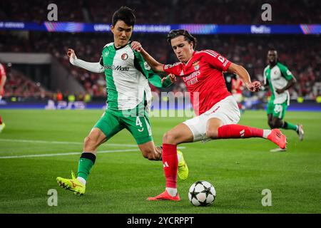 In-Beom HWANG del Feyenoord e Alvaro CARRERAS del Benfica durante la partita di calcio UEFA Champions League, fase MD3 tra SL Benfica e Feyenoord Rotterdam il 23 ottobre 2024 all'Estadio da Luz di Lisbona, Portogallo Foto Stock