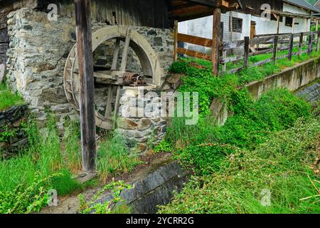 Casa con la vecchia ruota del mulino, Laubendorf, via paradiso, Millstätter SEE, Nockberge, Niedere Tauern, Carinzia, Austria Foto Stock