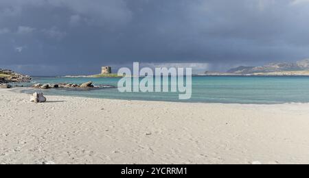 Vista panoramica sull'idilliaca spiaggia di sabbia bianca di la Pelosa, nella Sardegna nord-occidentale Foto Stock