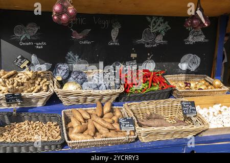 Greystones, Irlanda, 18 agosto 2022: Vista ravvicinata di un'esposizione di frutta e verdura in un negozio di alimenti integrali e biologici a Greystones, Europa Foto Stock