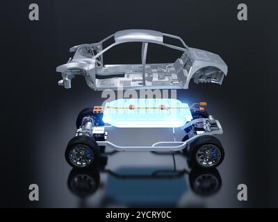 rendering 3d esplodere la vista esplosiva della batteria di un veicolo elettrico incandescente con il telaio dell'auto Foto Stock