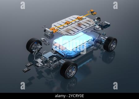 rendering 3d della vista esplosa di un'auto ev con elemento della batteria incandescente e carro isolato sul bianco Foto Stock