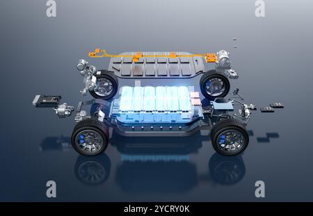 rendering 3d della vista esplosa di un'auto ev con elemento della batteria incandescente e carro isolato sul bianco Foto Stock