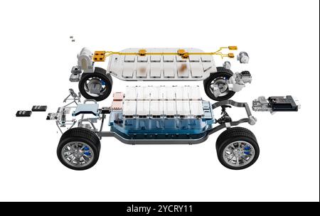 rendering 3d della vista esplosa di un'auto ev con elemento della batteria e carro isolato sul bianco Foto Stock