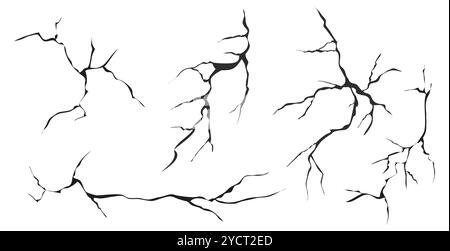 Vetro incrinato, parete, uovo, fessure nella vista dall'alto del terreno. Posa di cemento, fessure da disastri, superficie da terremoto, superficie di terra rovinata, spiedini di superficie, disegnati a mano. Illustrazione vettoriale Illustrazione Vettoriale
