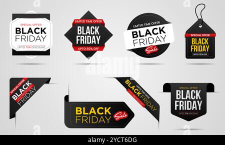 Banner, etichetta, etichette, etichette, adesivi, badge, nastro, set collection. Prezzo per i saldi del Black Friday. Progettare un modello per il Black Friday. Illustrazione Vettoriale