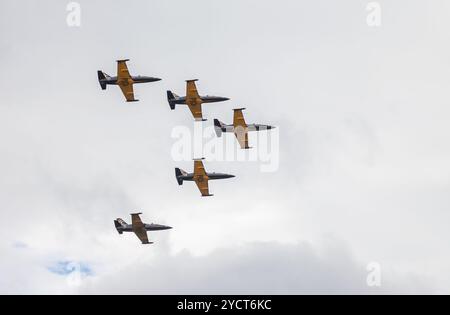 La squadra di aerobatica dell'aviazione Rus in volo. Il gruppo si esibisce su velivoli da addestramento a reazione L-39 Foto Stock