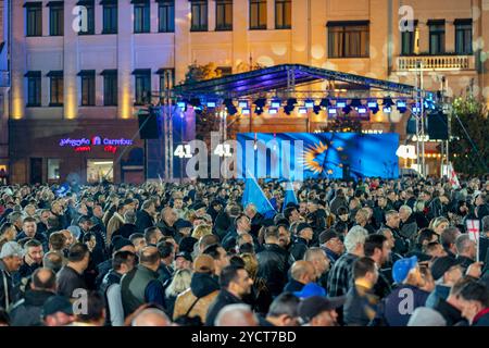 Tbilisi, Georgia. 23 ottobre 2024. I sostenitori del partito Georgian Dream ascoltano attentamente mentre gli oratori si rivolgono a loro durante la manifestazione pre-elettorale nel centro di Tbilisi. Bandiere e striscioni coprono lo sfondo, mostrando il sostegno per il partito al governo. Tbilisi, Georgia, mercoledì 23 ottobre 2024. (VX Photo/ Vudi Xhymshiti) crediti: VX Pictures/Alamy Live News Foto Stock