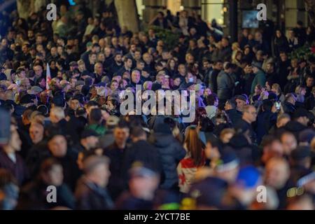 Tbilisi, Georgia. 23 ottobre 2024. Un mare di sostenitori del partito Georgian Dream riempie le strade di Tbilisi, sorvegliate dalla polizia, mentre il paese si avvicina alle prossime elezioni. Tbilisi, Georgia, mercoledì 23 ottobre 2024. (VX Photo/ Vudi Xhymshiti) crediti: VX Pictures/Alamy Live News Foto Stock