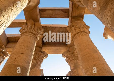 Kom Ombo, Egitto; 17 gennaio 2024: La grandezza dei pilastri di granito che sostengono il tetto del tempio di Kom Ombo. Queste strutture colossali, Deco Foto Stock