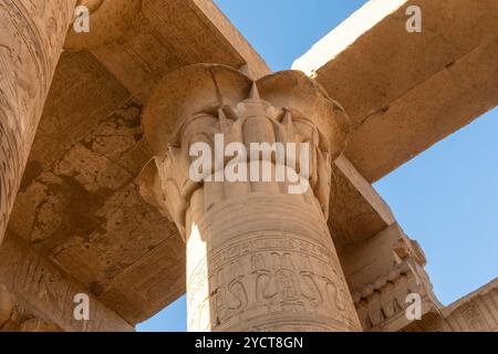 Kom Ombo, Egitto; 17 gennaio 2024: Le imponenti colonne di granito che sostengono il tempio sacro di Sobek a Kom Ombo. Ornato da intricate incisioni e. Foto Stock