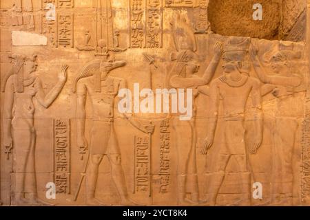 Kom Ombo, Egitto; 17 gennaio 2024: I geroglifici che adornano le pareti del tempio di Kom Ombo. Questi antichi scritti narrano le storie di Sobek Foto Stock