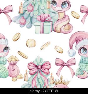 Principessa rosa serpente con albero di natale e regalo, monete d'oro motivo senza cuciture ad acquerello su sfondo bianco. Ricchezze simbolo del nuovo anno Chines Illustrazione Vettoriale