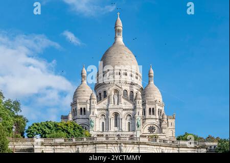 L'antica basilica del Sacro cuore a Montmartre, Parigi, Francia, con uccelli neri che volano vicino alle cupole Foto Stock