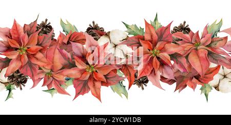 Fiore rosso di punta, agrifoglio, cotone, coni di abete di pino. Illustrazione disegnata a mano in acquerello, striscione senza cuciture isolato su bianco. Natale, felice anno nuovo Foto Stock