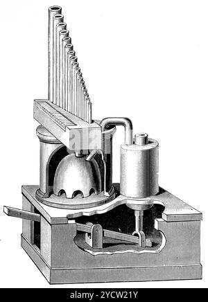 Un Organum idraulikum romano, un organo d'acqua impopolare in Germania, storia della musica tedesca, illustrazione storica 1892 Foto Stock